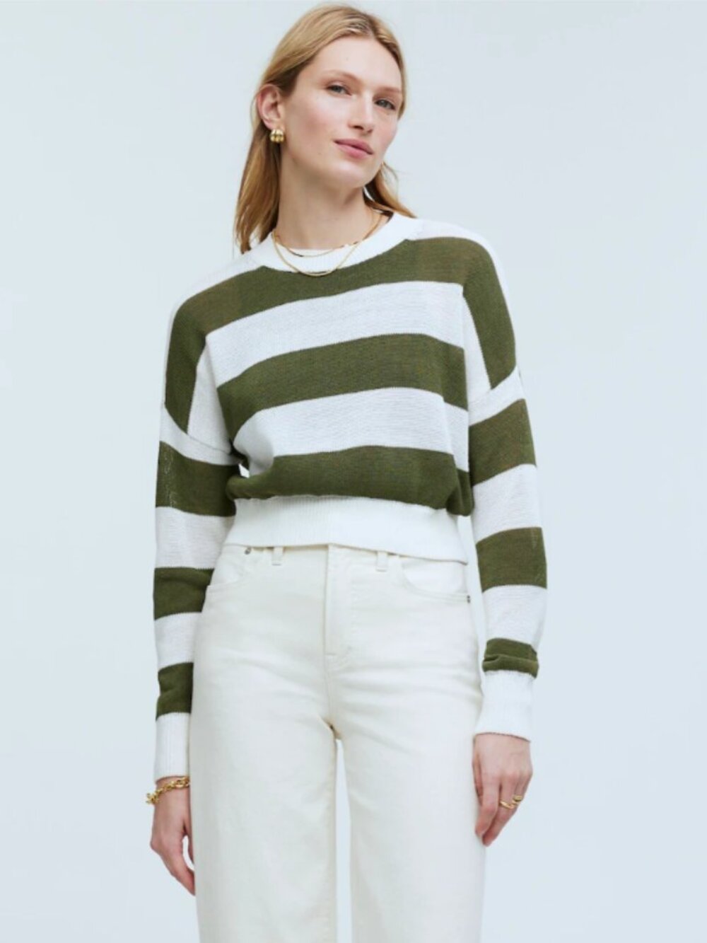 Madewell Loose-Knit Crewneck Crop Sweater in Ivory & Green Stripe